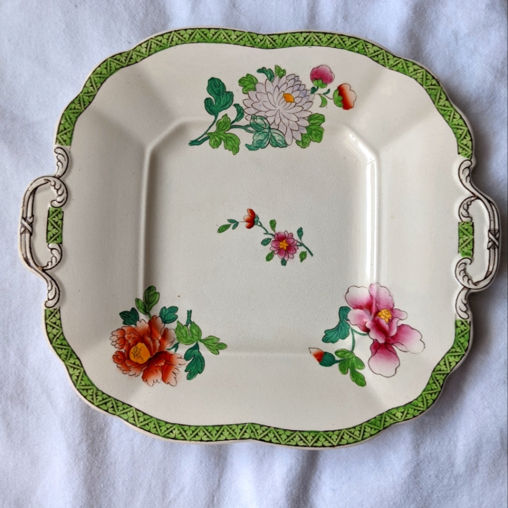 Antique Wedgwood Eastern Flowers Green Trim Square Cake Plate Dish